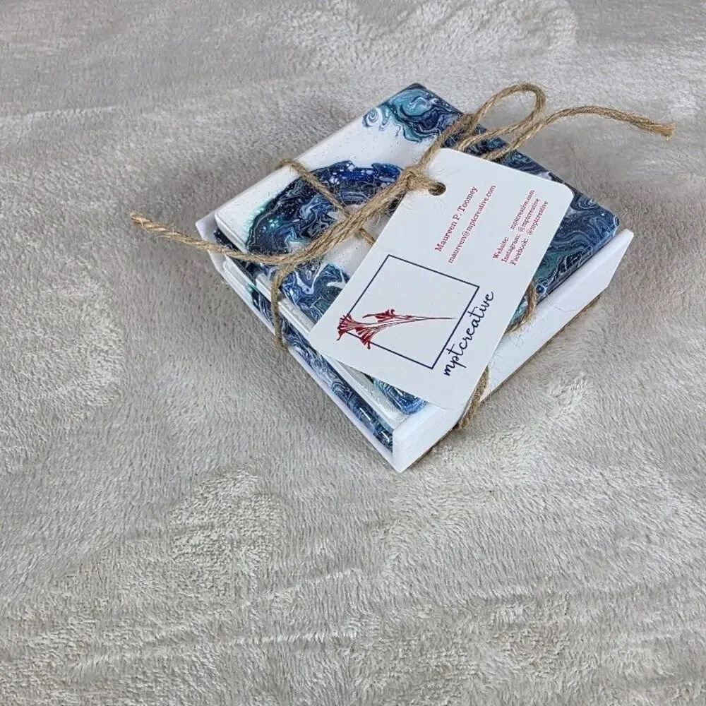 Original Pour Paint Set 4 Ceramic Coasters Hand Poured Wave Painting Blue White - Picture 7 of 7